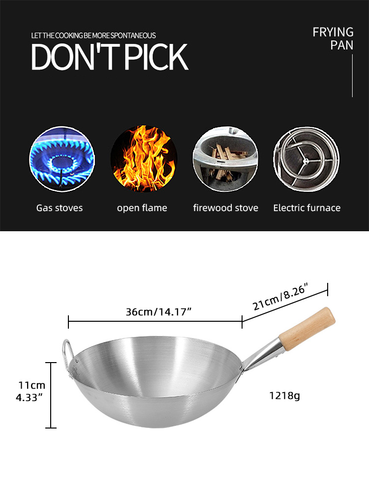 Restaurant Hotel Steel Kitchen Wok Pan With Wooden Handle Stainless Steel 201 Wok