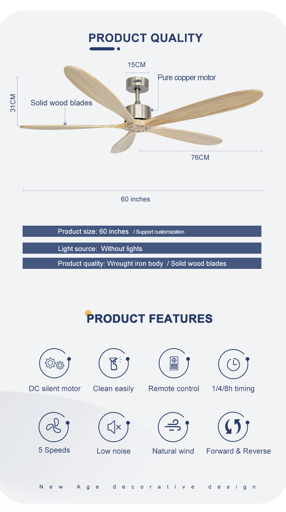 5 Solid Wood Silent DC Motor Remote Control Ceiling Fans for Private Mold Cooling Air