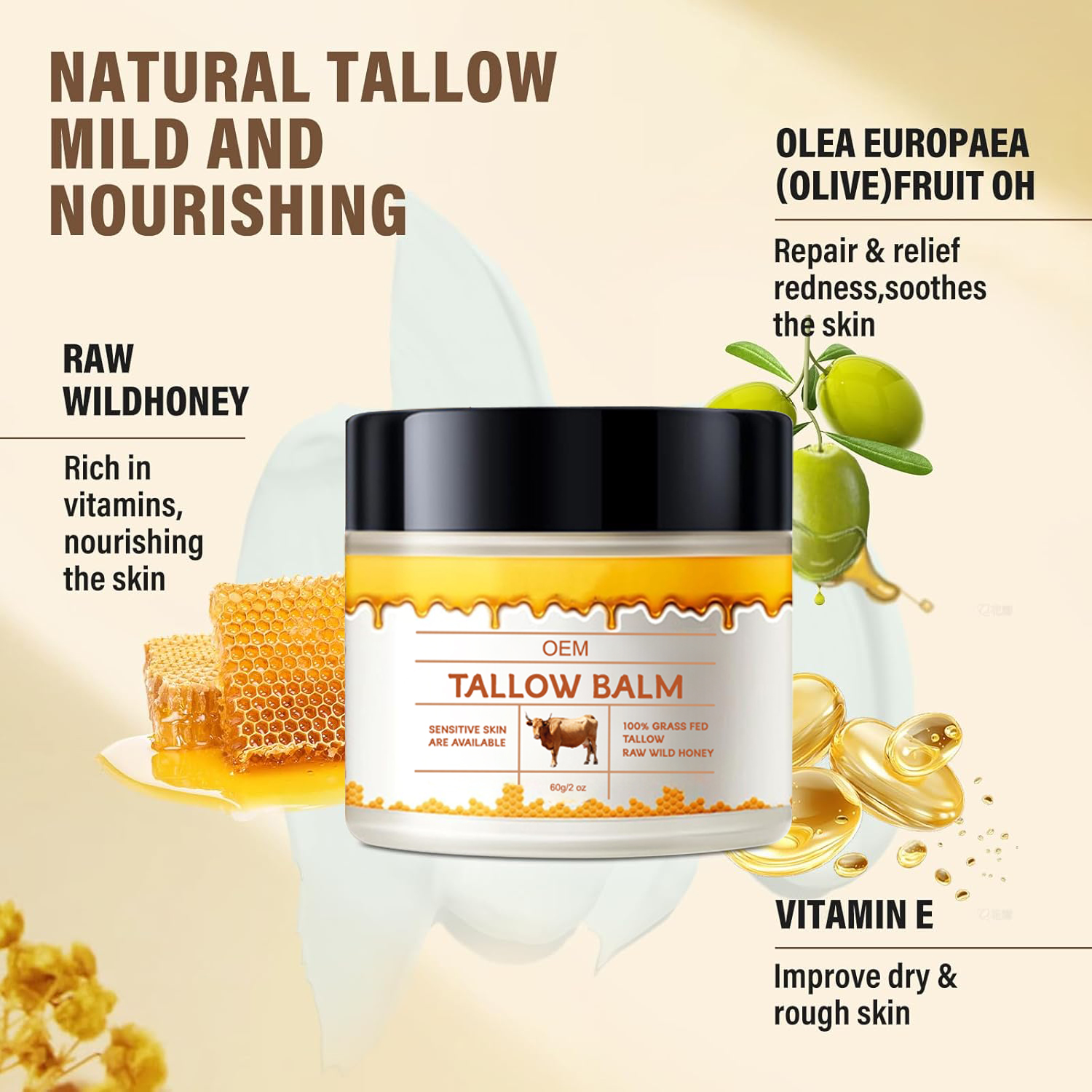 OEM ODM Tallow And Honey Balm Cream Natural Tallow Moisturizer For Face & Body Cream For All Skin Types