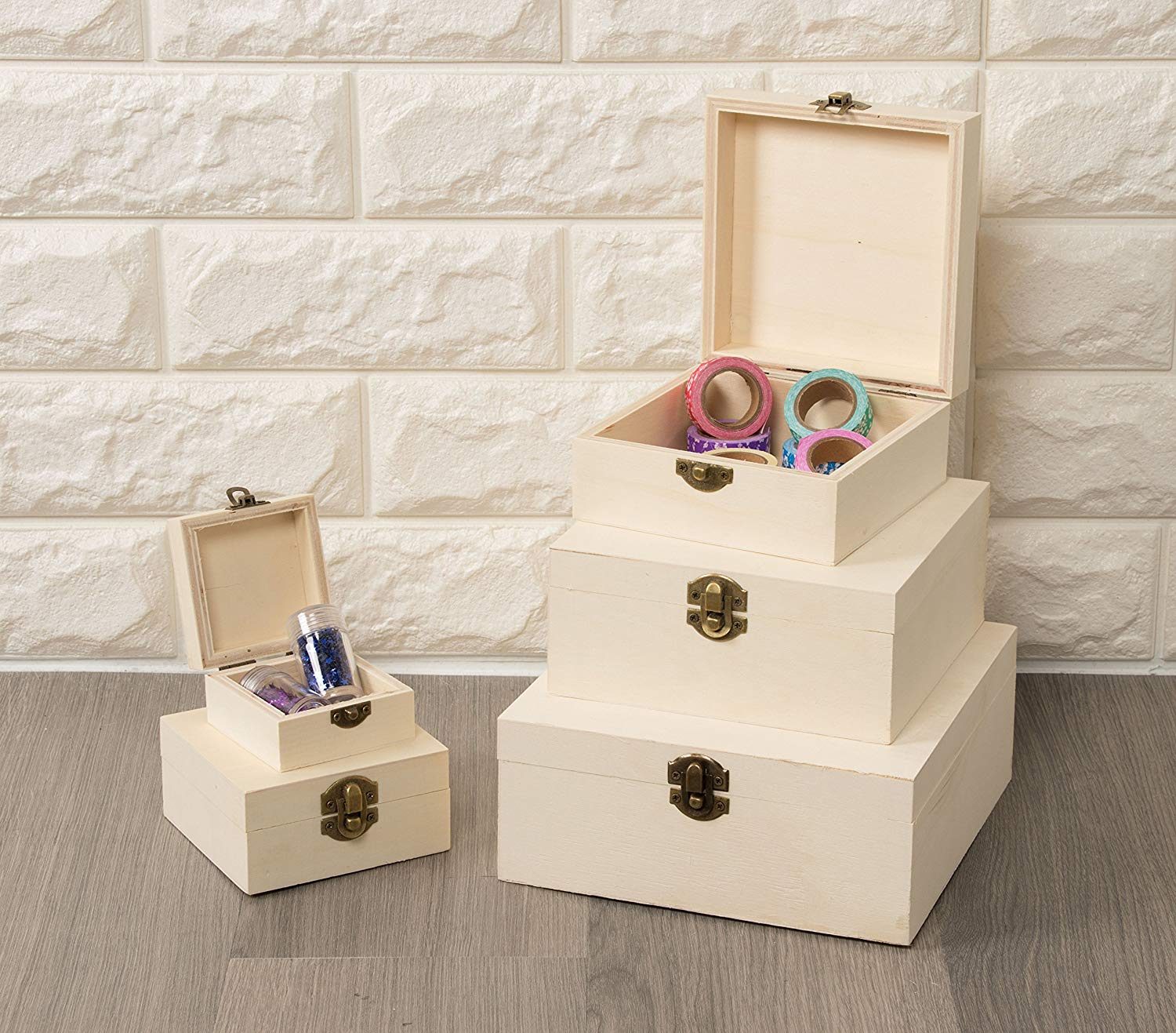 Hinged-Lid Nesting Boxes for Arts Crafts Hobbies and Home Storage Unfinished Pine Wood Natural Wood Color