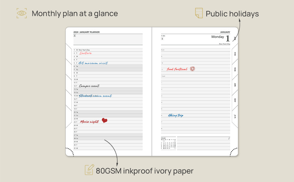 Custom Academic Planner 80gsm Ivory Paper PU Hardcover Students Daily Planner