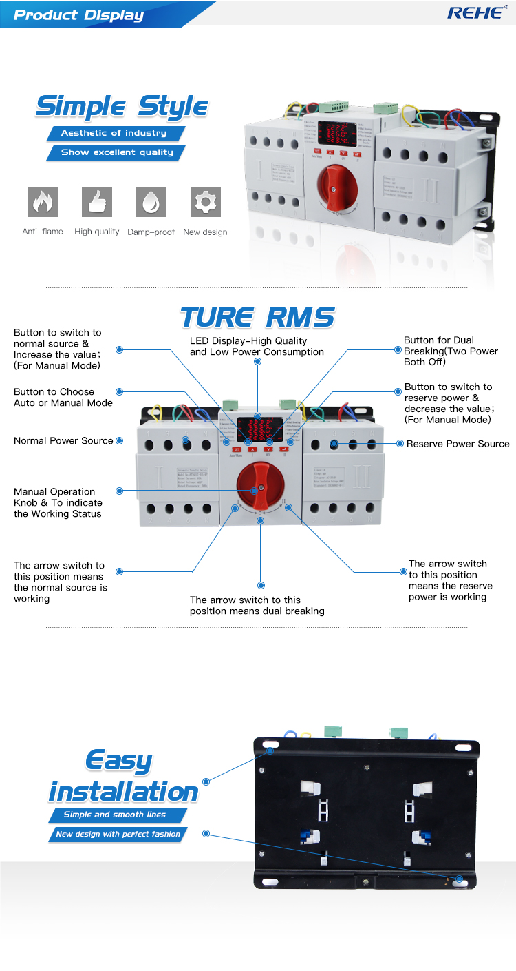 Intelligent Controller 16-63A 400VAC 4P Dual Power Supply Changeover Switch With LED Display