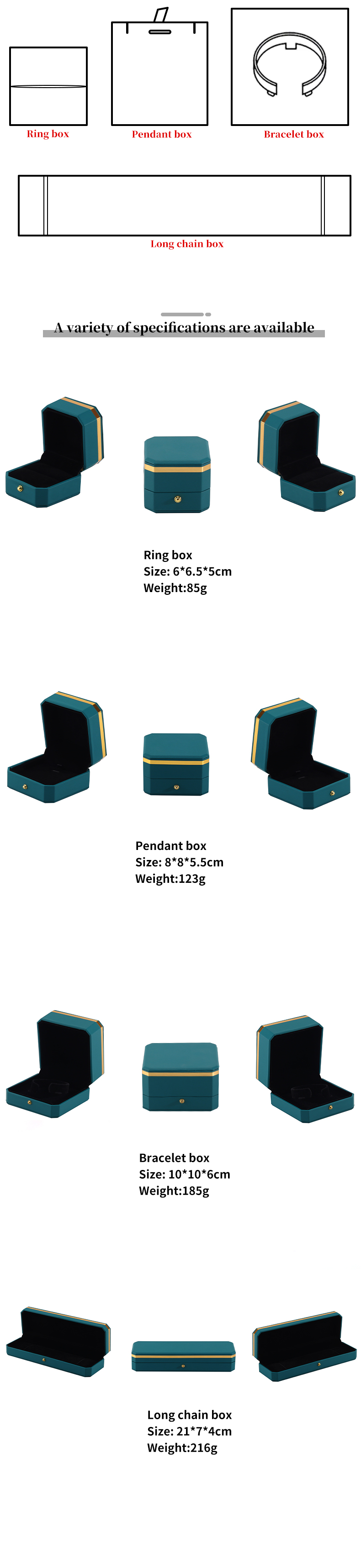 Dark Green Upscale Octagonal Faux Leather Luxury Box Gold Trim Jewelry Packaging