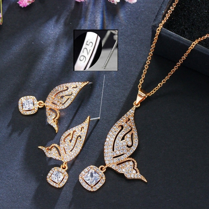 Butterfly CZ Bridal Jewelry Sets Women Girls Sparkling Rhinestone Set Butterfly Jewelry Necklace Earring Jewelry