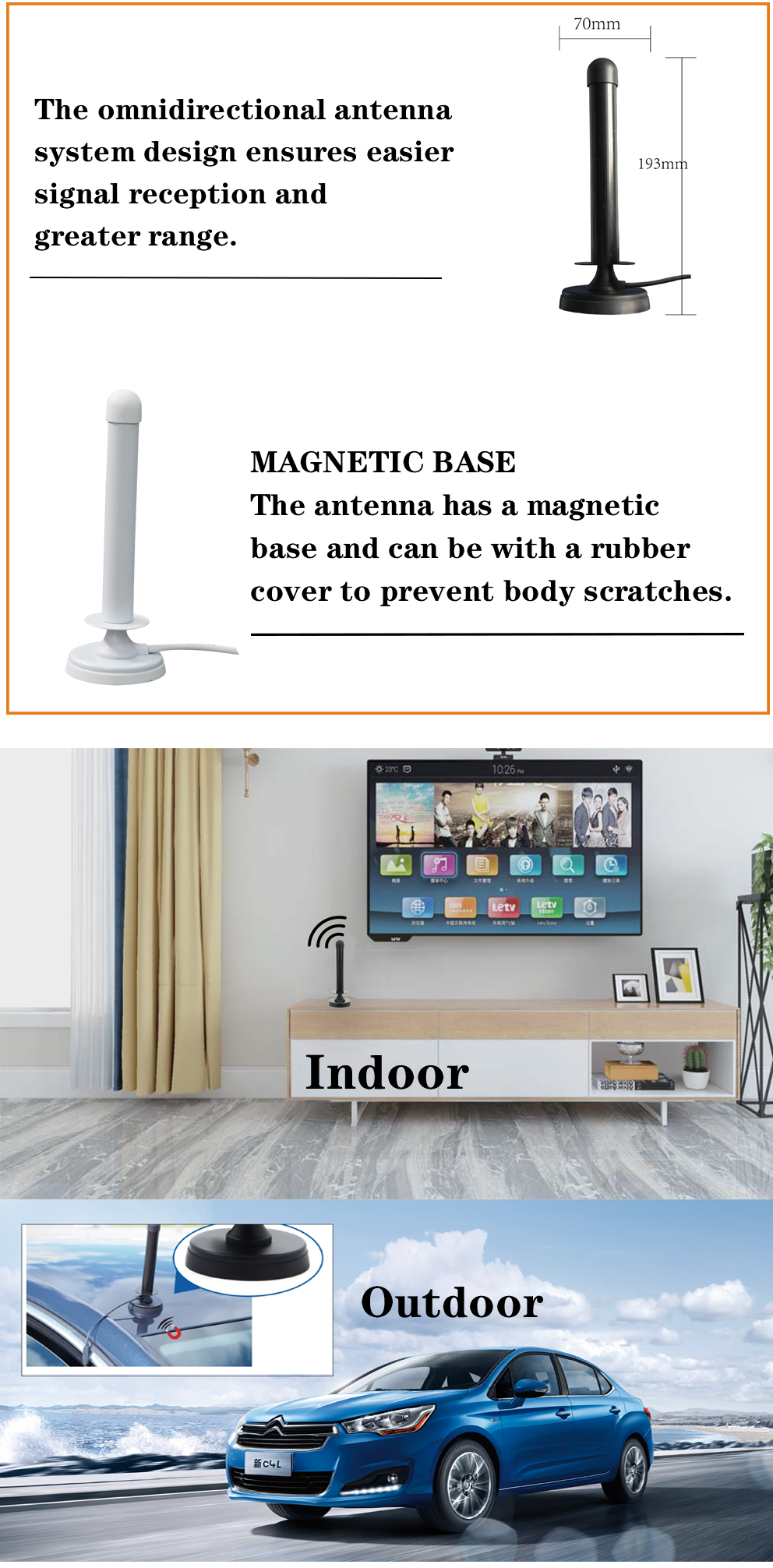 Mile Range Strong Magnetic Base DVB-T VHF UHF HD Digital TV Antenna Indoor