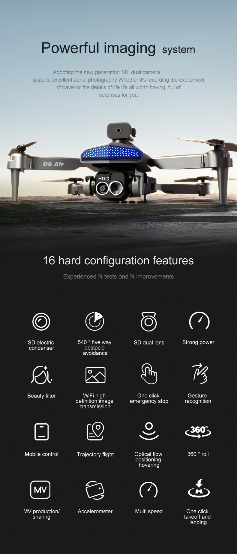 D6 Air Mini Drone Professional 4k HD Camera Quadcopter with Foldable Design Obstacle Avoidance and Remote Control