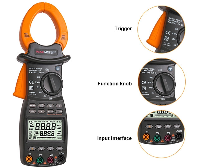 Three Phase Digital Power Clamp Meter With T - RMS Measurement RS232 Certification