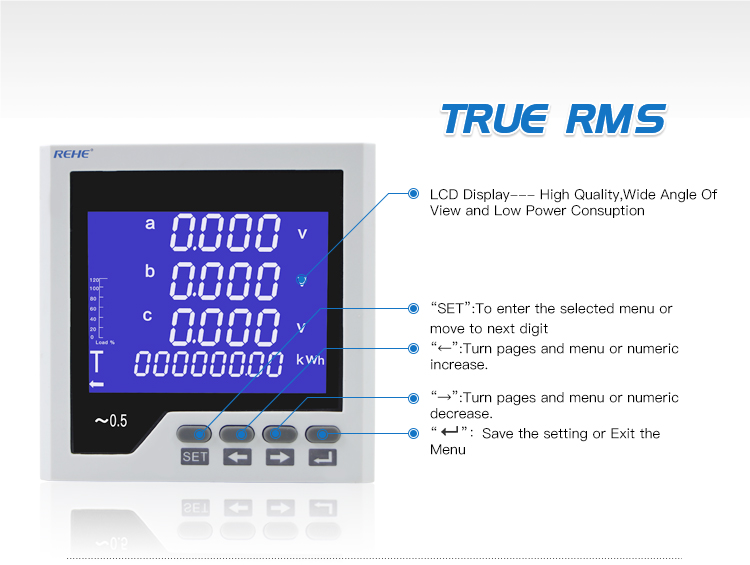 Display Simple Operation Intelligent Blue LCD Display 96*96mmThree Phase Multi-function Meter RH-3D3Y
