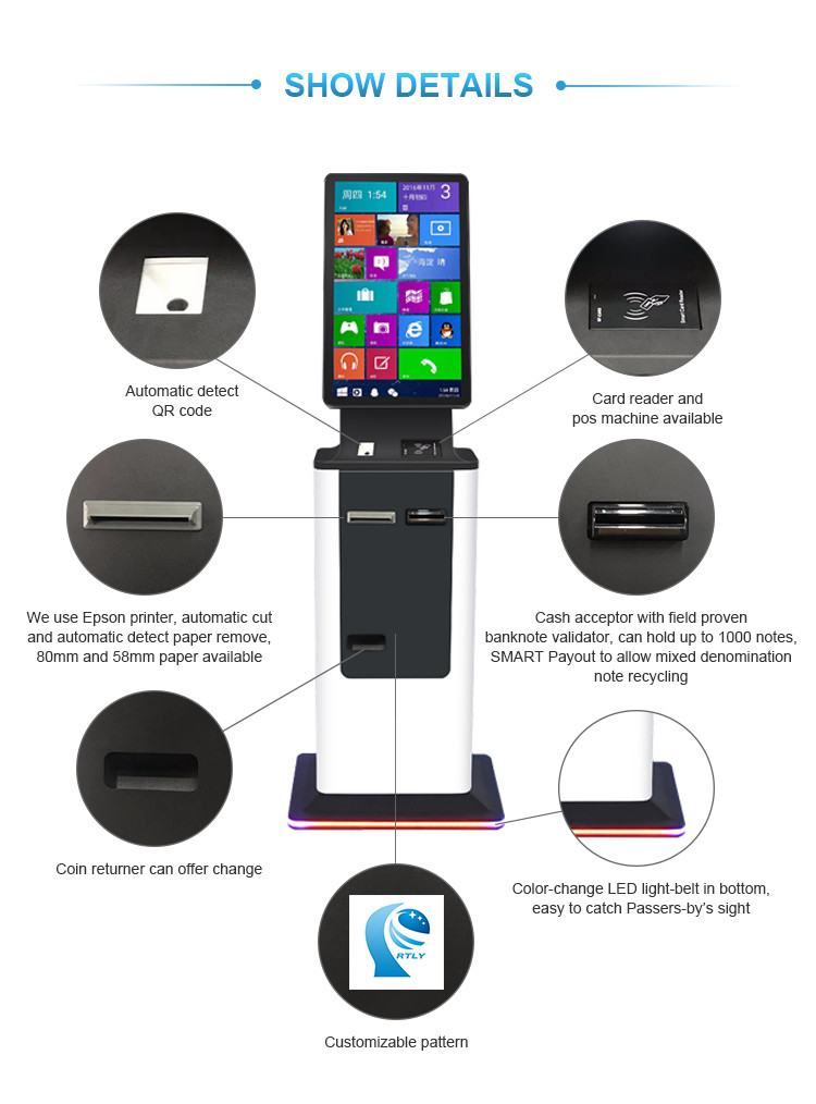 LCD LED Self Payment Kiosk Machine Support A4 Printer For Restaurant