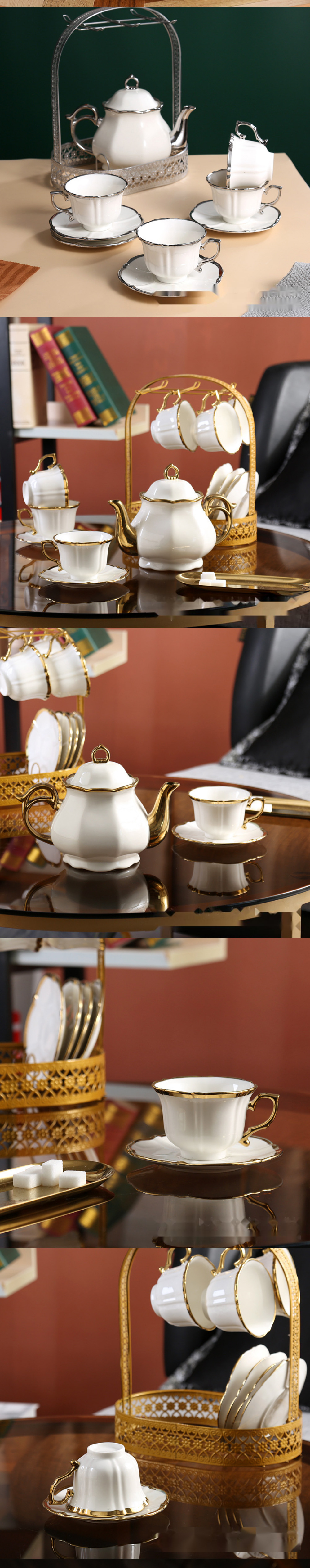 Europe Design Style Vintage Ceramic Tea Cup Set with Teapot Gold Porcelain Coffee Set