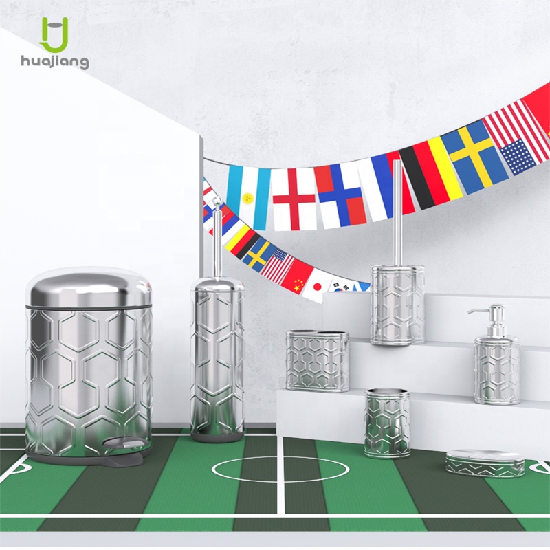 Holiday Selection Support Stainless Steel Bathroom Waste Bin With Mini Pedal And Toilet Brush Football Series