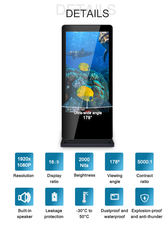 3500 Nits RK3399 49" Outdoor LCD Digital Signage 178° Viewing Angle IP55 Fans cooling