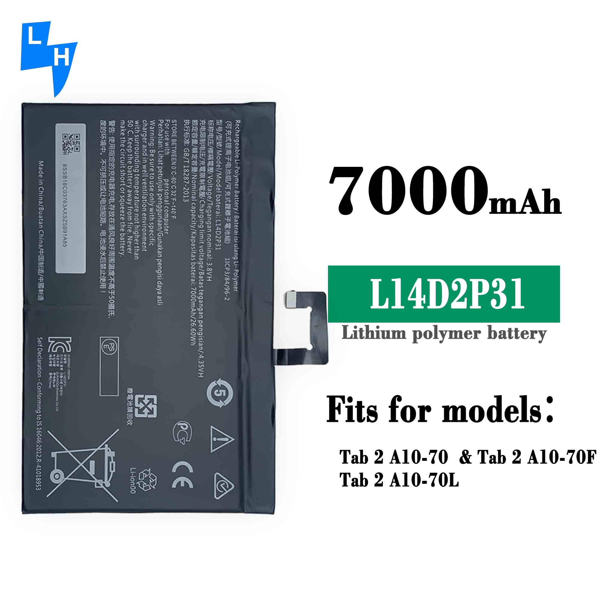 Coding RECHARGABLE 7000mAh L14D2P31 A7600-F Tab battery for Lenovo A10-30 nattery