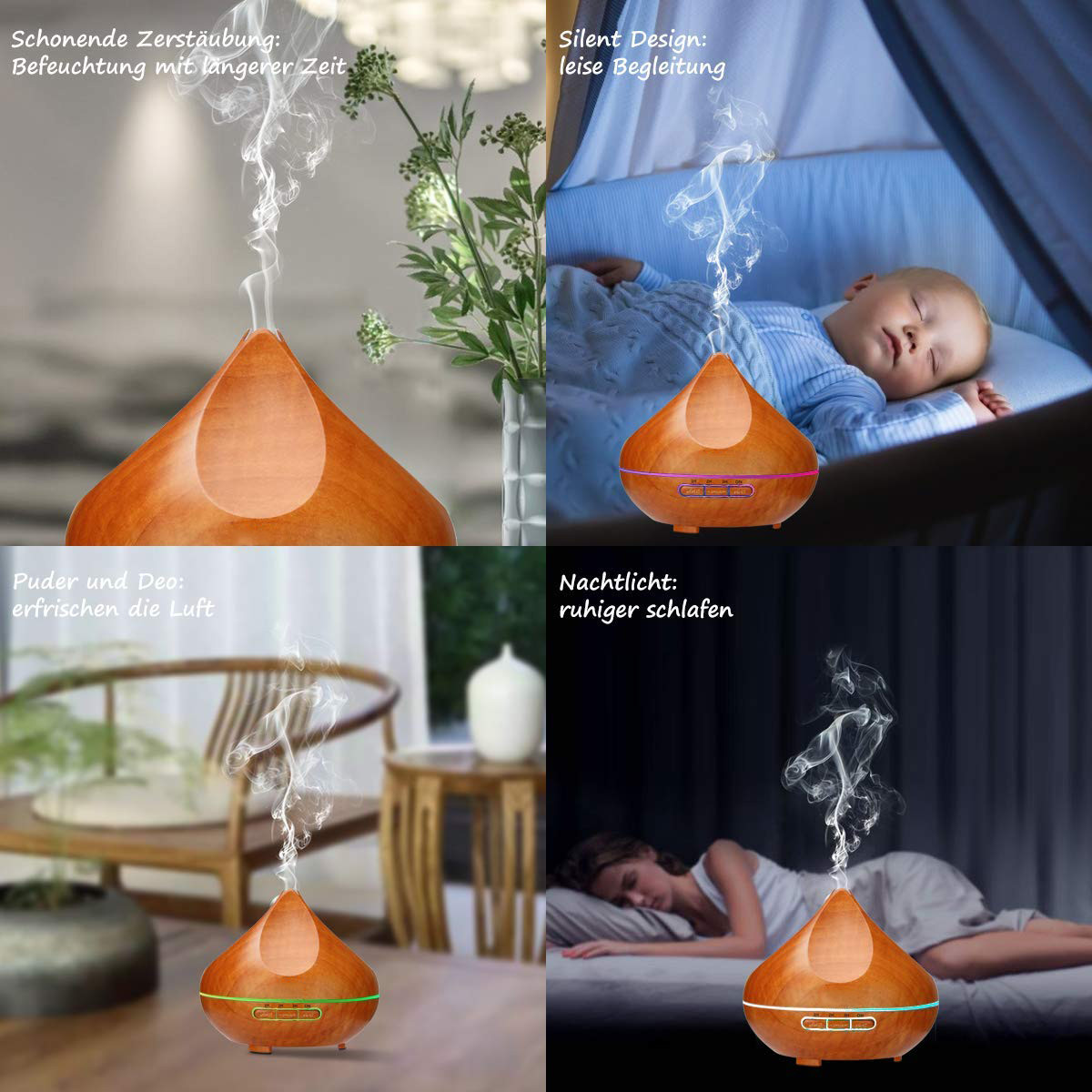 Whisper-Quiet 300ML Wood Grain Bud Shape Aromatherapy Essential Oil Aroma Diffuser With 7 Color Changing