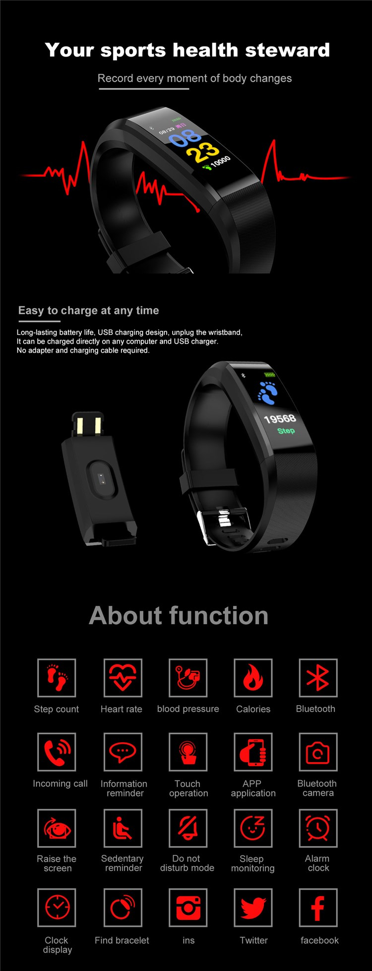 115 plus Smart Watch Sport Waterproof Reloj Inteligente 160 MAh 115 Plus Bracelet NFC Customized