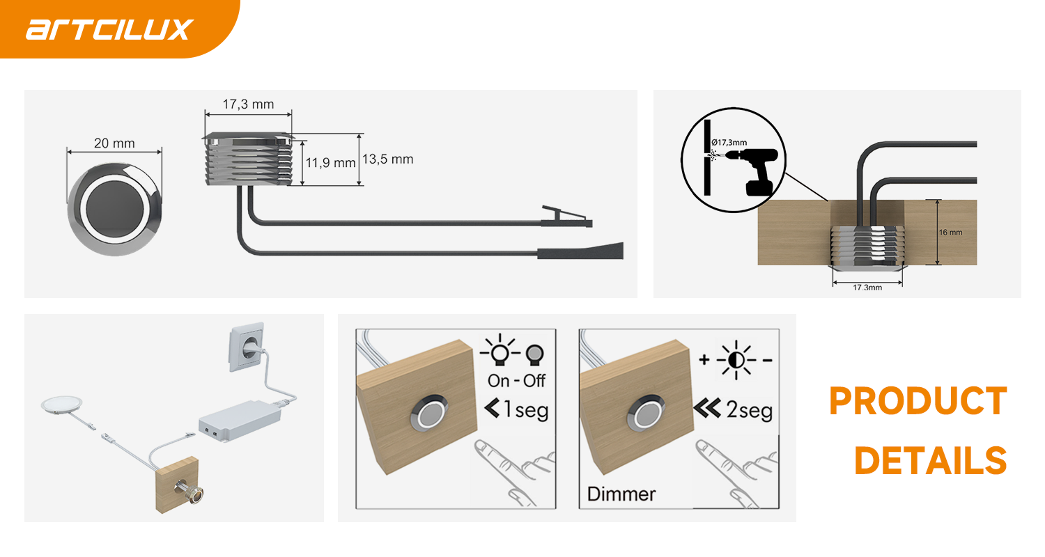 Recessed Cabinet Touch Sensor Dimmer Switch For LED Light