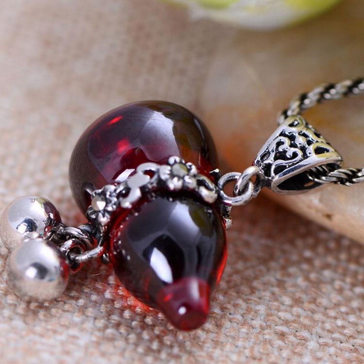 Thai Sterling Silver Pendant Necklace with Gourds Shape Red Cubic Zircon Charm(XH0384)