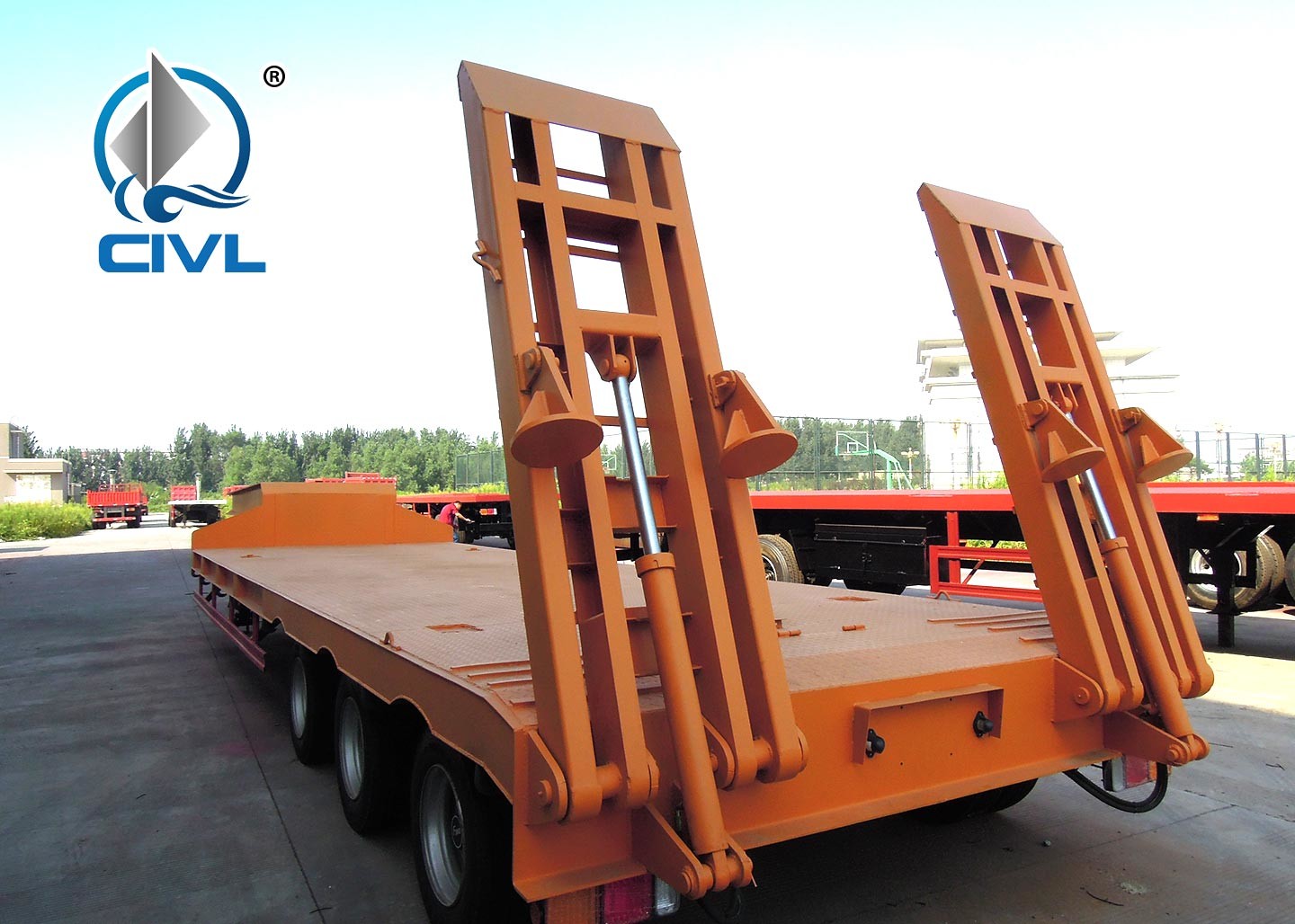 60 Tons Low Bed Semi Trailer , 3 Axles Flat Low Flatbed Trailer Manual Transmission