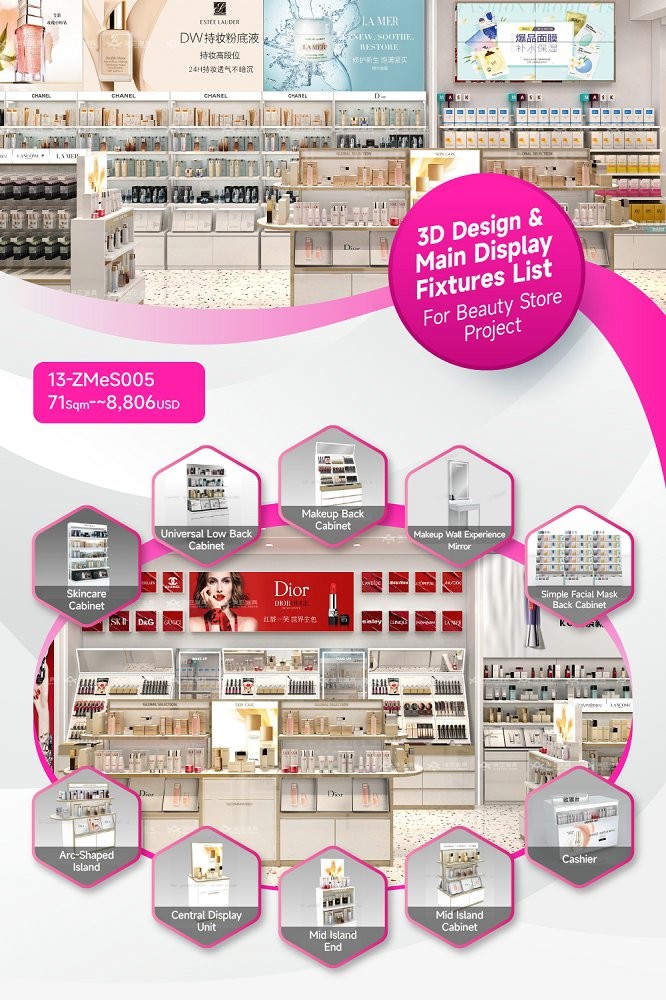13-ZMeS005, Zhenmei Series Cosmetic Shop in Yingcheng featuring 27 Main Fixtures within 71 Sqm and Approx. $8,806 Budget
