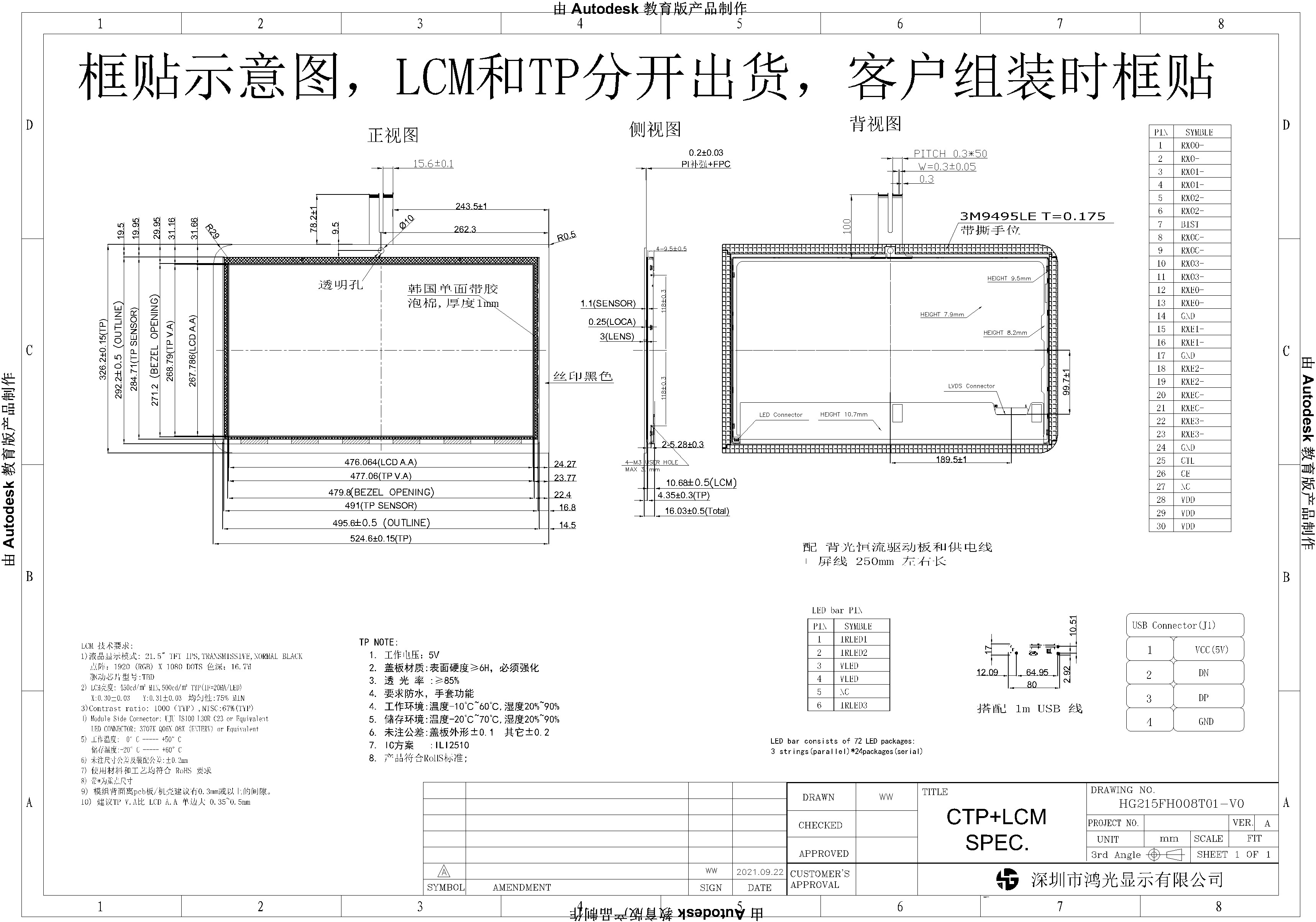 1920x1080 Security TFT Monitor 21.5 Inch Display LVDS Interface 30PIN