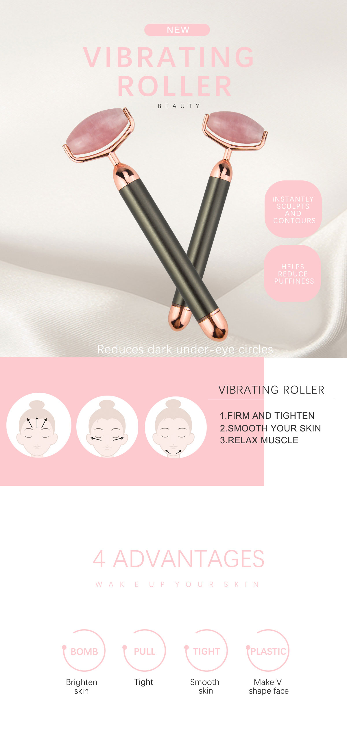 47mm Mini Waterproof Natural Face Jade Rollers Electric Vibration