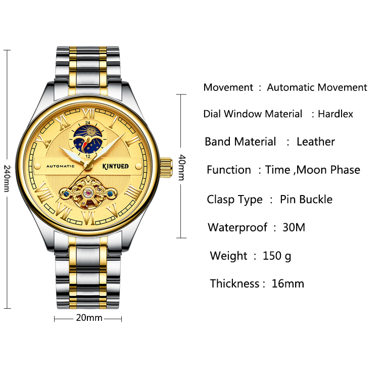 Brand KINYUED automatic skeleton watch gold dial moon phase tourbillon mens automatic watch