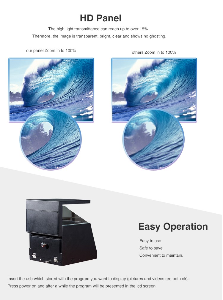 USB Transparent 3D Holographic Display TFT Lcd Screen Showcase 180 Degree