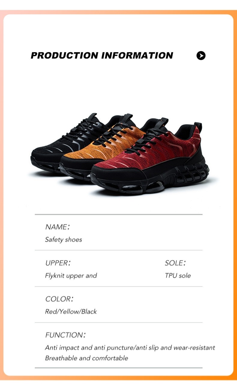 Flyknit Kevlar Air-cushioned Sole Safety Shoes For Industrial Workers In Orange Red Black