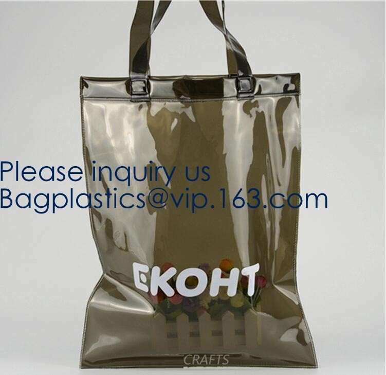 Waterproof All Over Printing PVC Coating Tote Shoulder Fabric Shopping Bag With Gusset And Lining,Jelly Clear Plastic PV