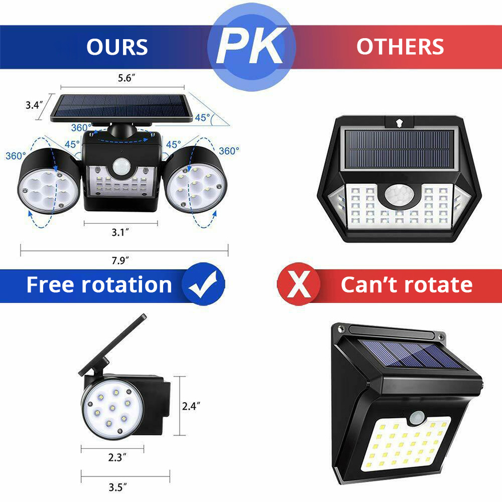 PIR Sensor 90lm 5V 1.3W Solar Wall Lamp Adjustable Angle Dual Head 2200mAh