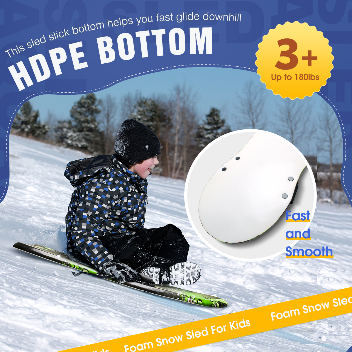 Snow Sled with Handle and Custom Color Easy to Carry HDPE Bottom 36inch PE Foam Core