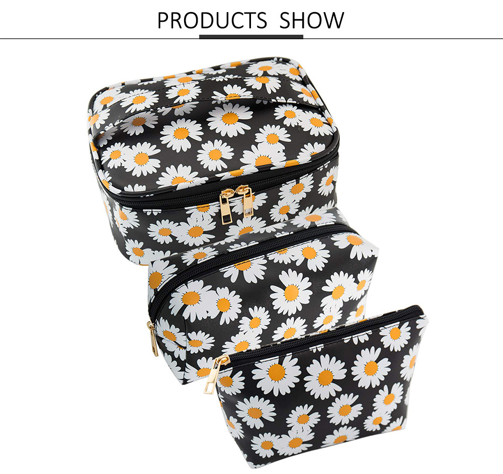 3 Pack Daisy Print PU Leather Cosmetic Bag Set For Women