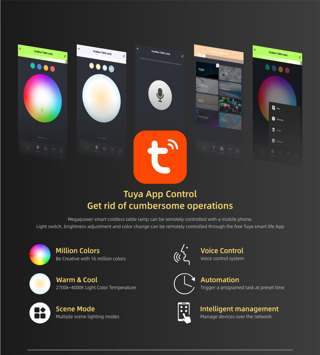 Megapower App Control Table Lamp Color Changing RGB & Dimmable Warm White Night Light for Bedrooms and Outdoor