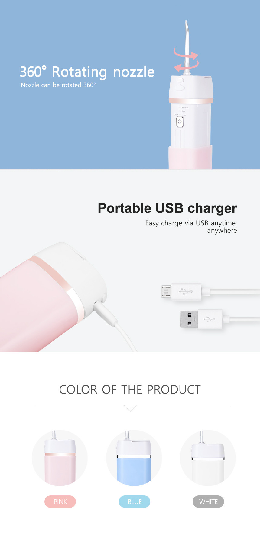 Automatic Travel Oral Water Flosser USB Rechargeable 165ml Mini Size