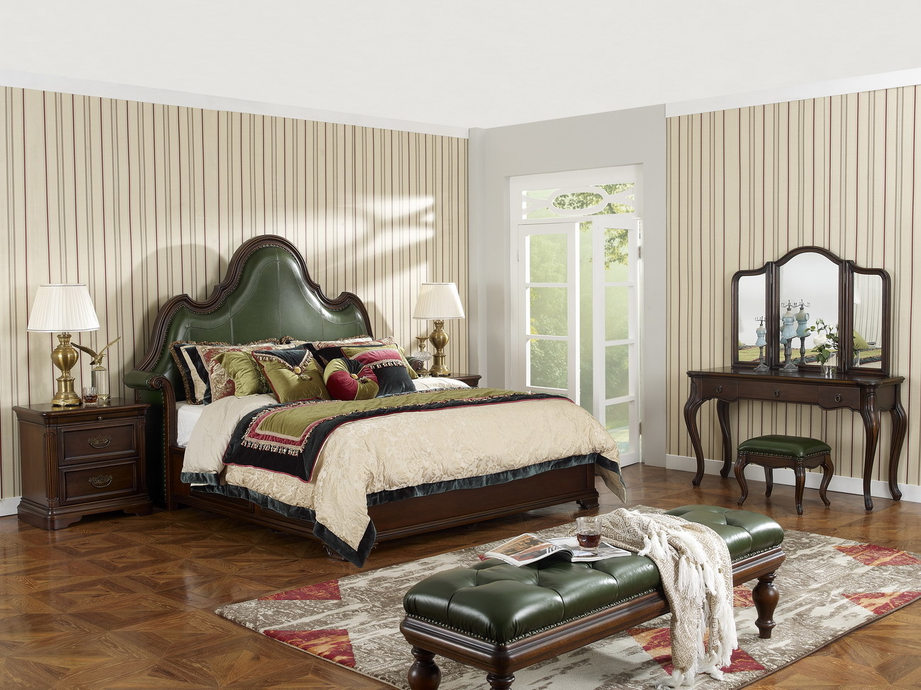 Palatial Villa House Bedroom Furniture set Classic Wooden King size Bed with Grand Night table with Decoration display