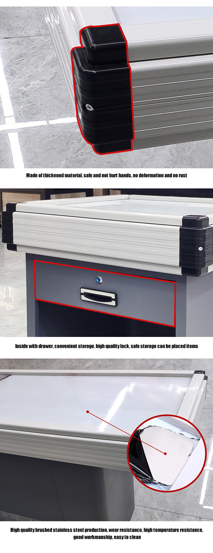 High Durability Stainless Steel Checkout Counter Cash Counter Table With Customizable Conveyer Belt