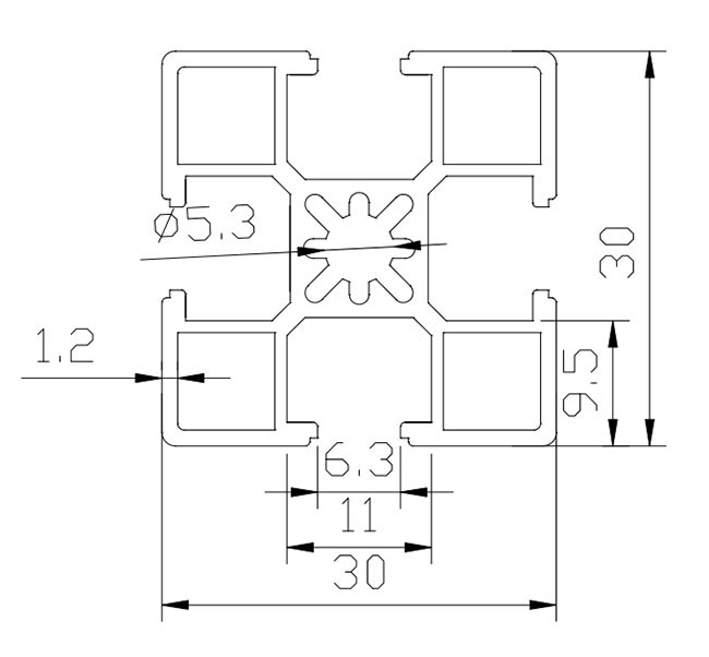 5.3mm Hole 30 * 30 T Slot Aluminum Profile 1.2mm Wall Thickness High Strength