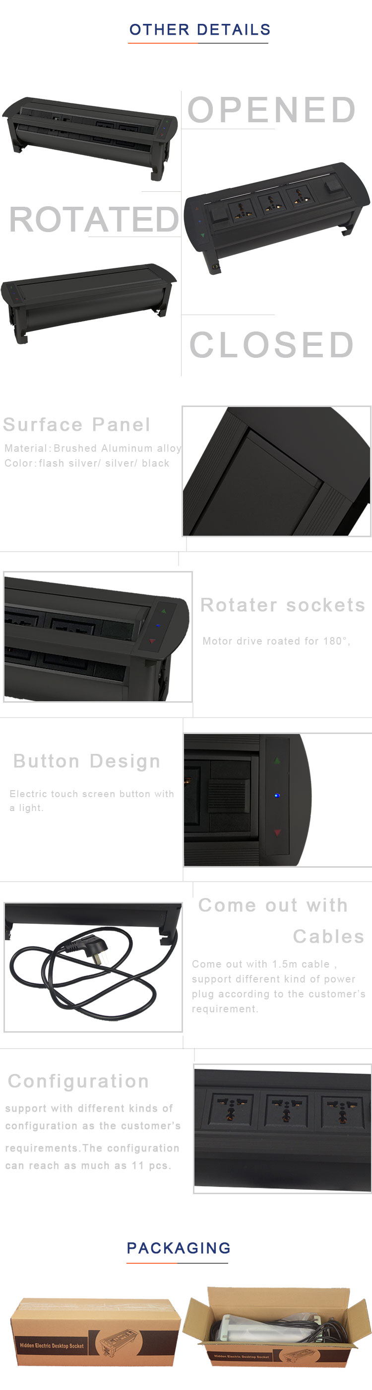 High quality aluminum hidden motorised flipping desktop power socket for meeting table