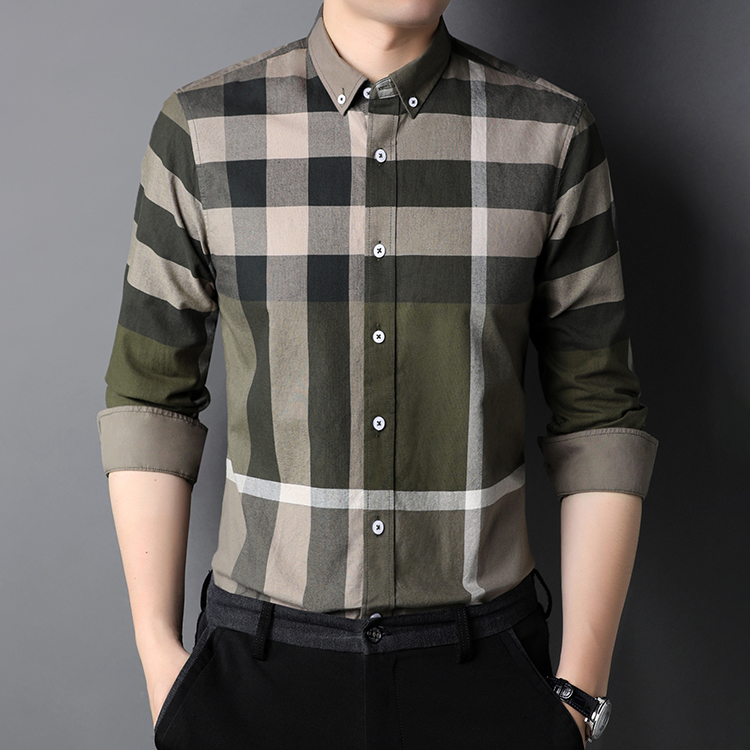 2023 Solid Grey Check Men's Casual Dress Shirt in Spring and Autumn for S-2XL Mens Shirts