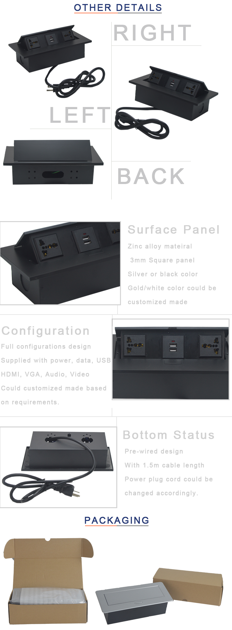 Universal table pop up power socket outlet with dual usb charger