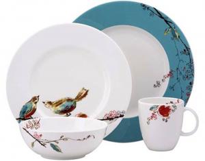 China Customized White Porcelain China Dinnerware Sets With Bird And Flower Decal Printing on sale