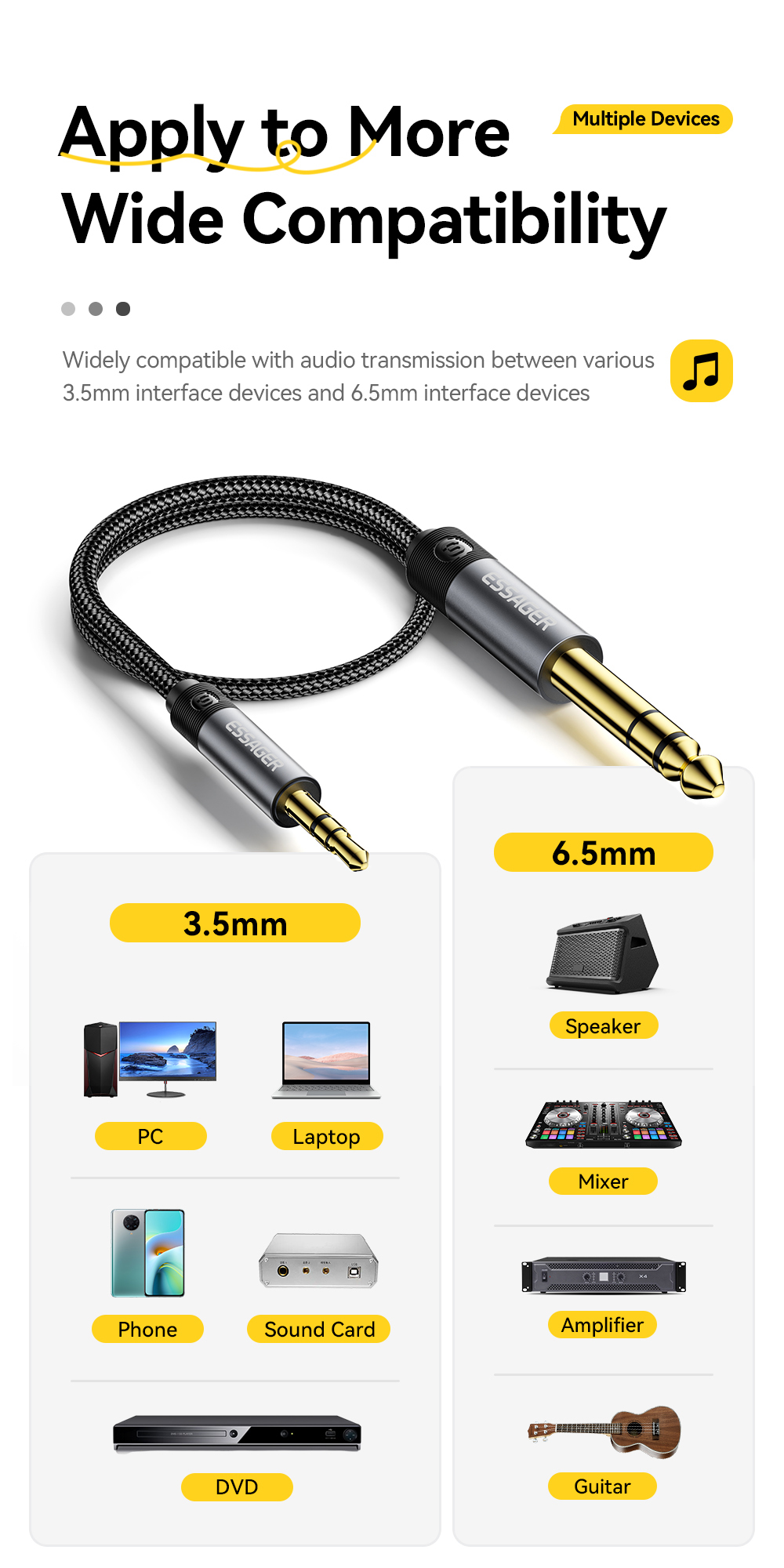 Essager ES-YP26 3.5mm Male To 6.5mm Male Jack Audio Cable For Speakers Amplifier Guitar Mixer