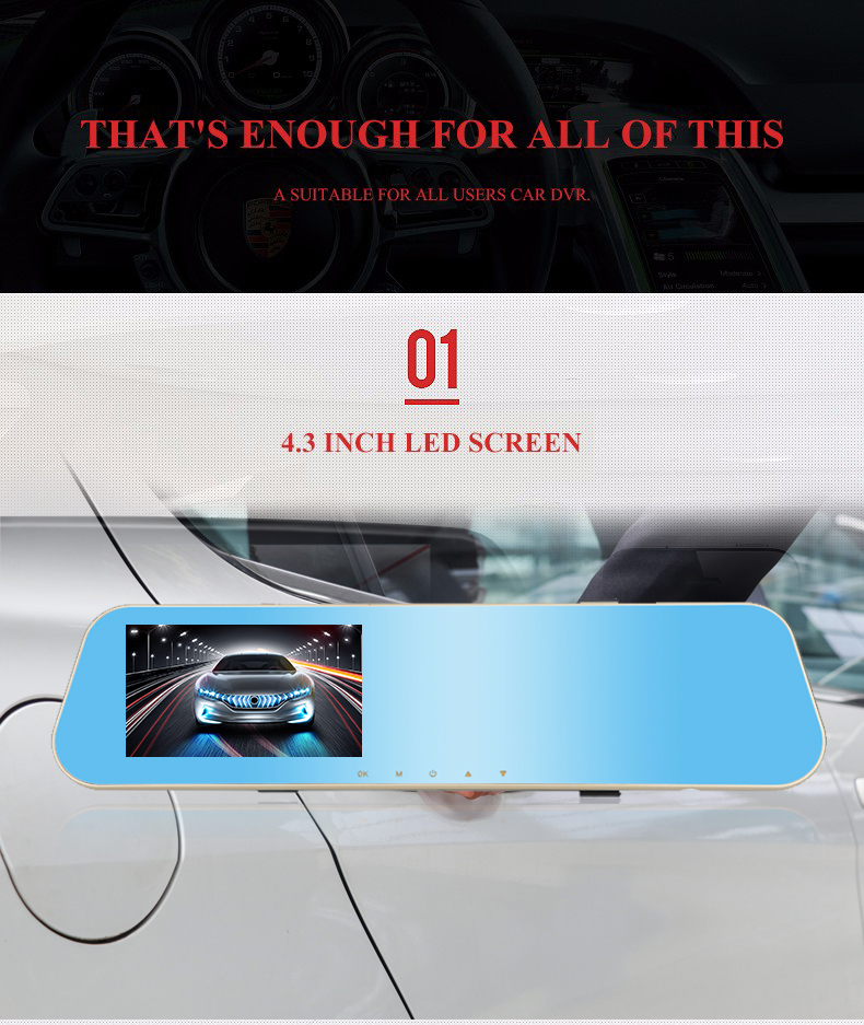 Full Color 4.3inch Dual Lens 1080P Dash Cam Front And Back Waterproof