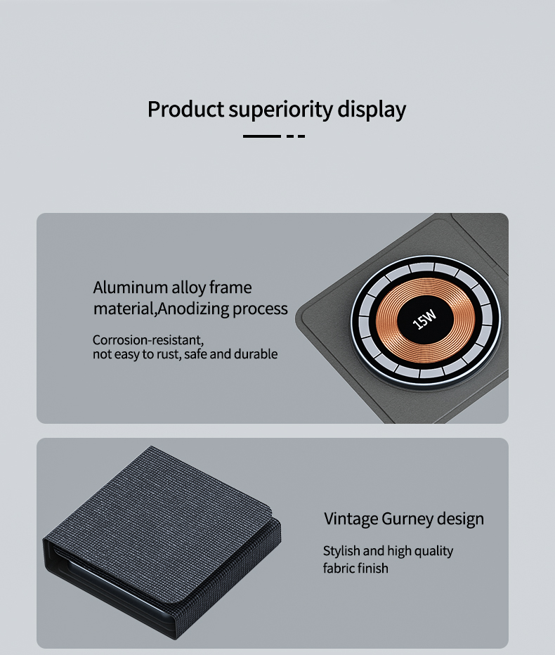 Portable 3 in 1 Wireless Charger Foldable Design for Phone Watch and Earphone 15W Fast Charging