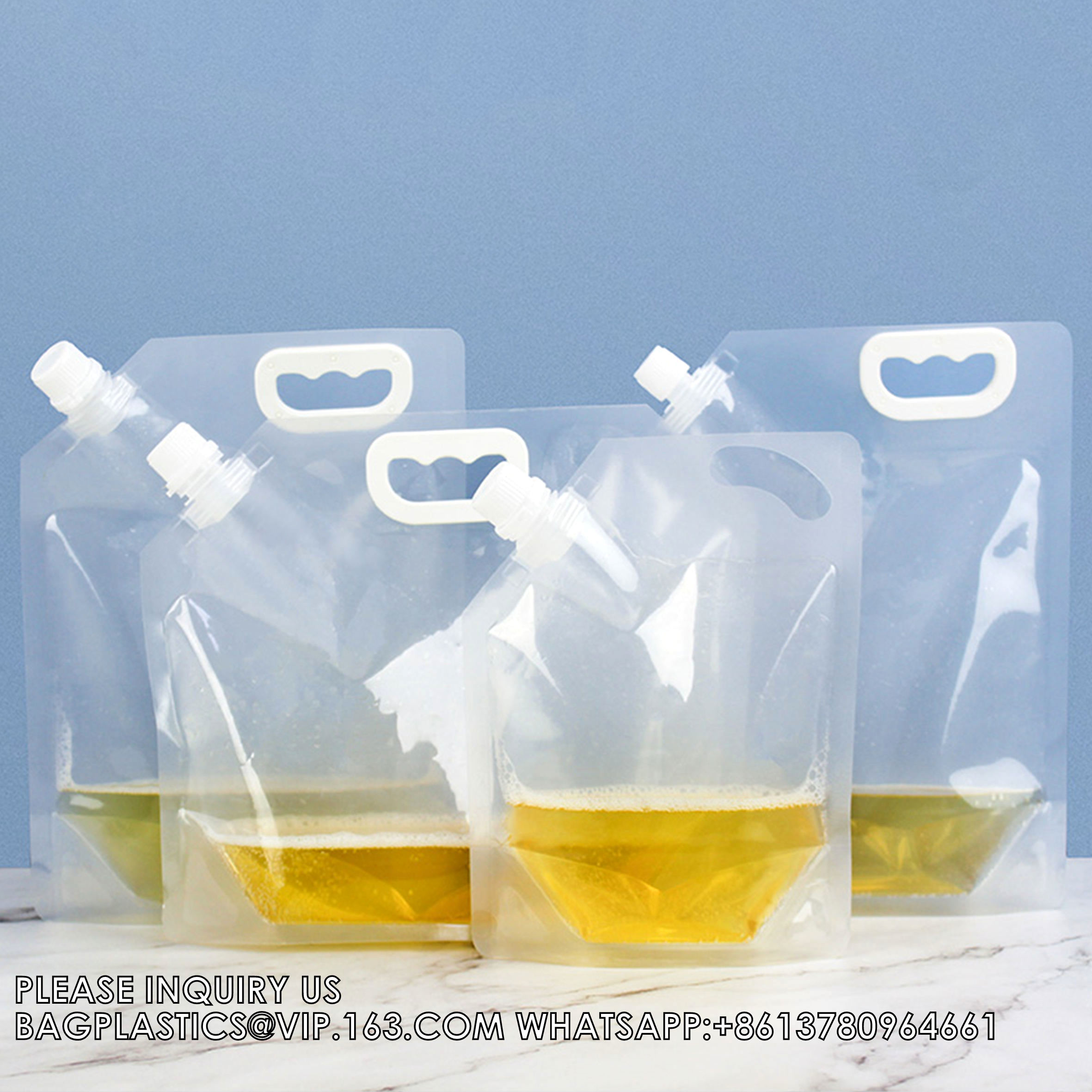 Clear Stand Up Plastic Packaging Bag With Handle Reusable Juice Liquid Nozzle Bag Portable Water Storage Bag