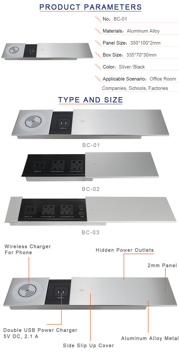 Wireless charger office sliding table power socket box with usb charger