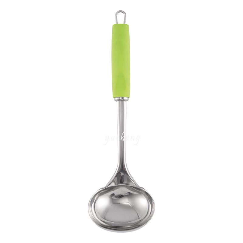 6pieces kitchen tools with Soft handle Green color handle with tray soup scoop Pasta Server Spoon Draining Spoon Slotted