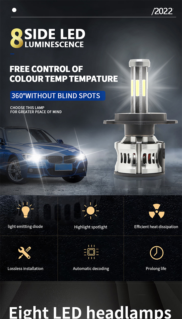 8 Sides H1 H3 H4 H7 9005 9006 Automotive LED Headlight 6000K 360 Canbus