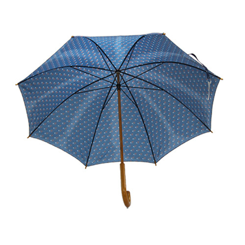 Flower Printed Wooden Shaft J Handle Pongee Fabric Umbrella
