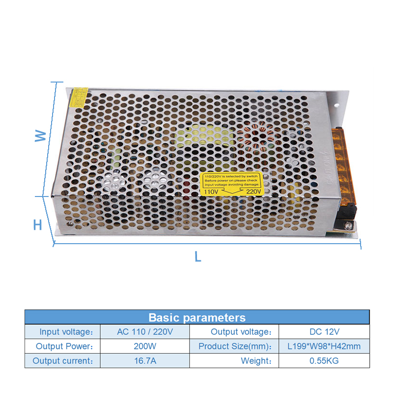 12V 16.7A 200W Chassis Mount AC DC Power Supply Regulated Switching